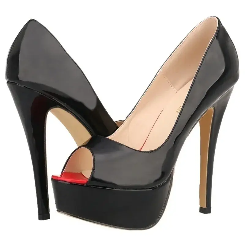 LOSLANDIFEN Women Pumps Sexy Peep Toe Platform 14cm Super High Heels Patent Leather Shoes Red Wedding Stilettos Large Size 44 product view