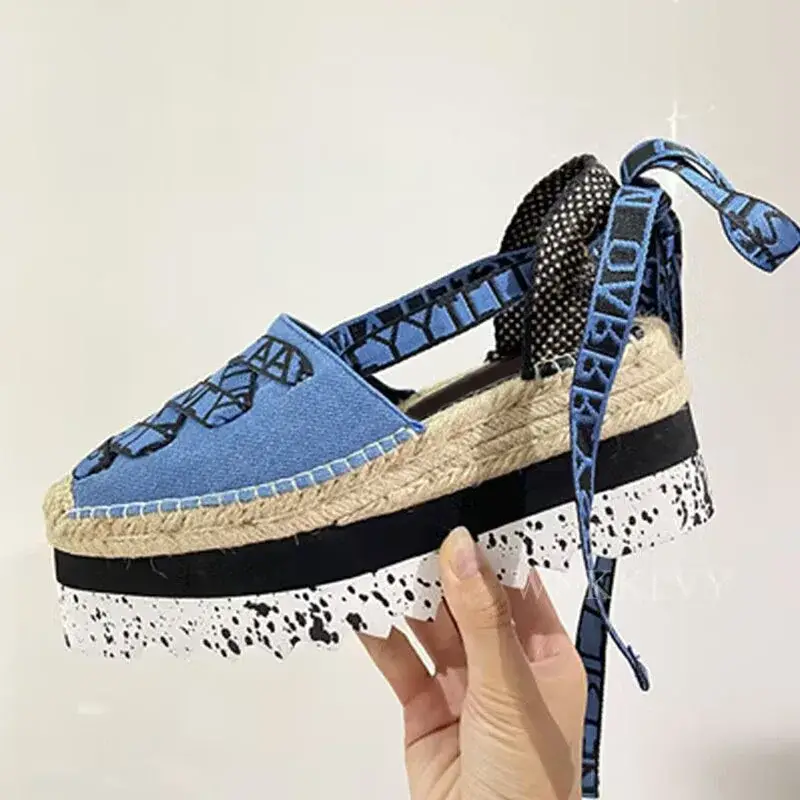 Summer Women Wedge Heel Sandals Canvas Thick Sole Ankle Strappy Sandalias Ladies Beach Vacation Fisherman Shoes Grass Sole Pumps product view
