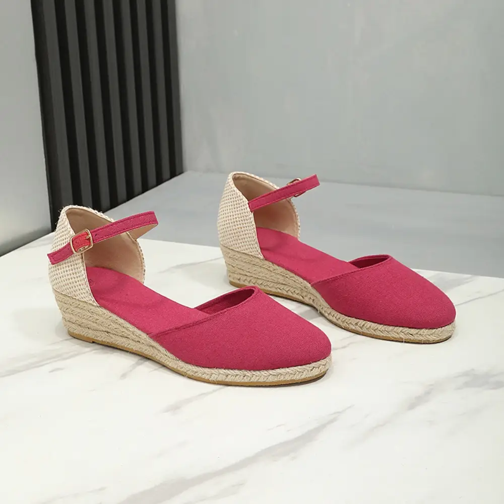 Baotou Sandals for Women's 2026 Summer Grass Woven Hemp Rope Slope Heel Shoes Women Round Toe Thick Sole Buckle Womens Sandals