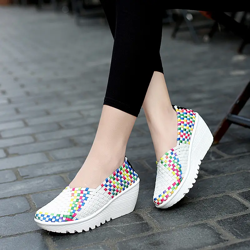 EOFK Autumn Women Woven Shoes Loafers Platform Handmade Elastic Slip on Nylon Woven Casual Wedges Shoes Lady product view