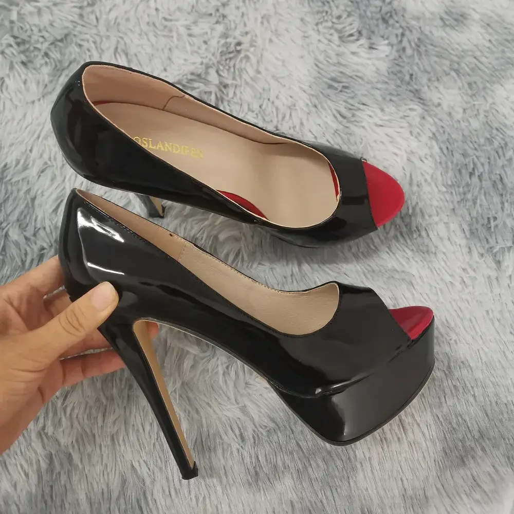 LOSLANDIFEN Women Pumps Sexy Peep Toe Platform 14cm Super High Heels Patent Leather Shoes Red Wedding Stilettos Large Size 44 product view