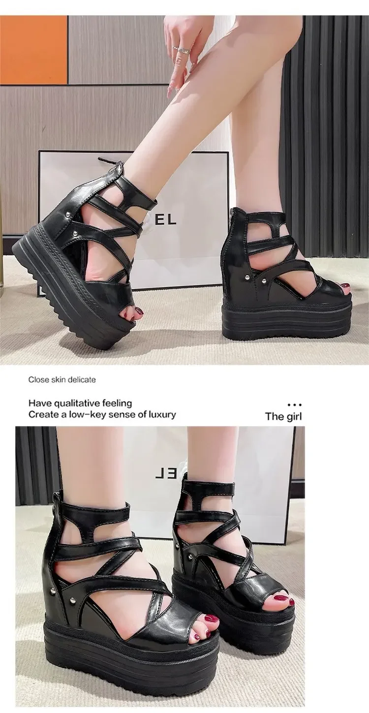 Women's High Heel Sandals 13CM Slope Heel Thick Bottom Cross Band Fish Mouth Shoes New Style Increased Height Summer Shoes detail