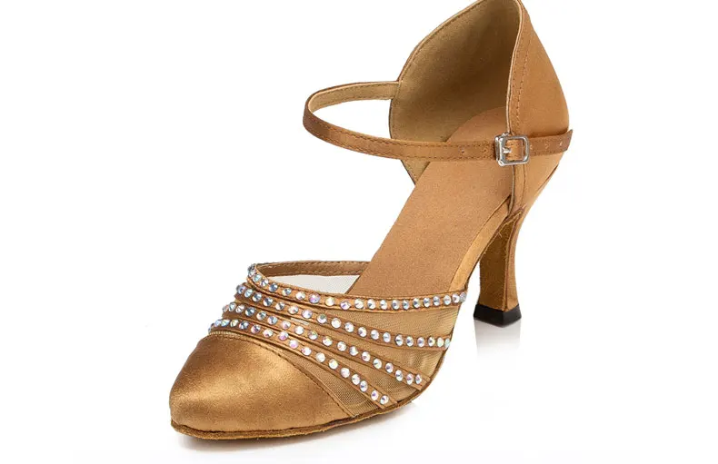 DILEECHI New arrival Tan Satin Latin Modern dance shoes female Autumn and Winter Ballroom dancing shoes thin heels 7.5cm detail