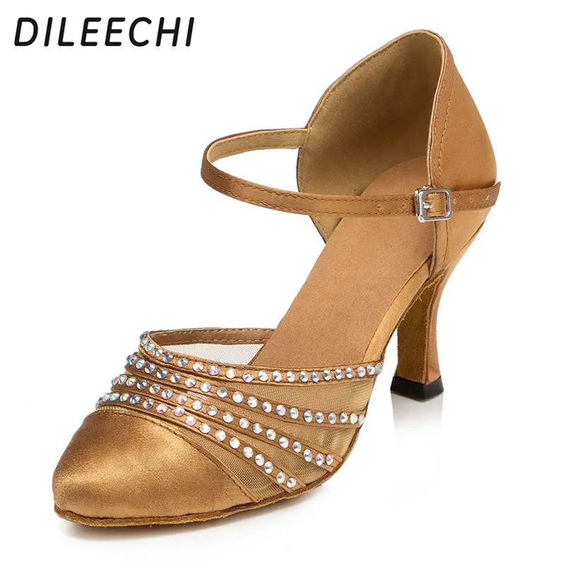 DILEECHI New arrival Tan Satin Latin Modern dance shoes female Autumn and Winter Ballroom dancing shoes thin heels 7.5cm
