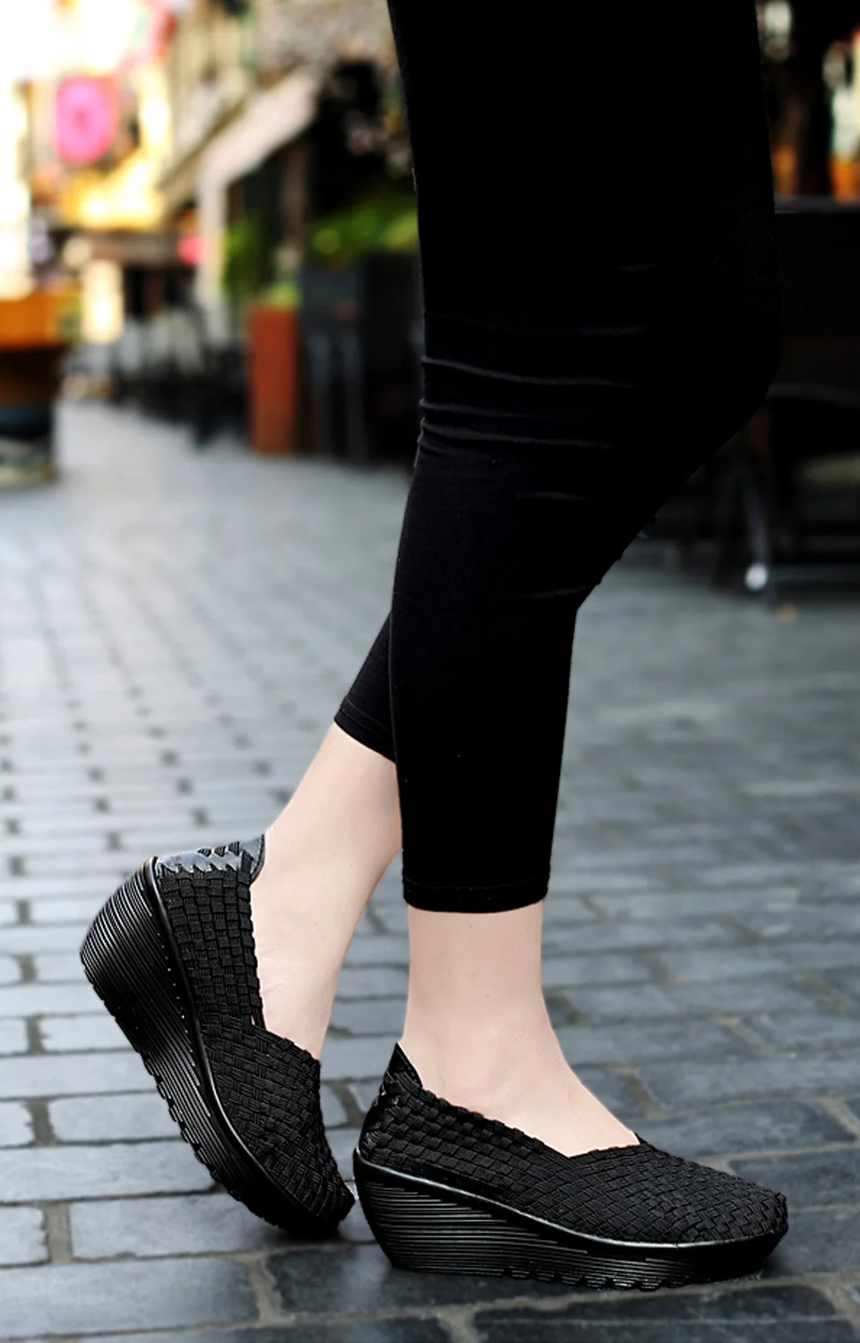 EOFK Autumn Women Woven Shoes Loafers Platform Handmade Elastic Slip on Nylon Woven Casual Wedges Shoes Lady detail