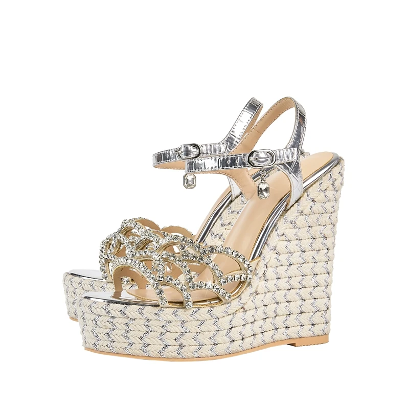 Women's New Summer Round Toe Thick Sole With Diamond Inlaid High Heels, Large Open Toe Hemp Rope Woven Slope Heel Sandals detail