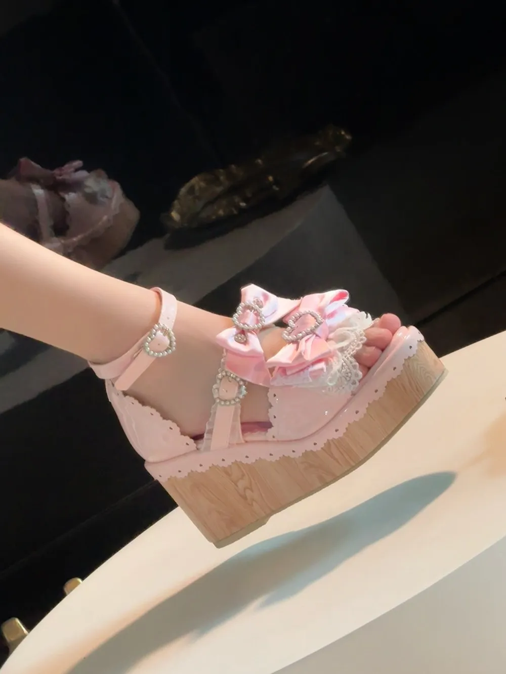 Y2K Millennium Lolita Original Design Slope Heel Open-toed Sandals Japanese Girl Ancient Feeling Sweet Bow Lo Shoes detail