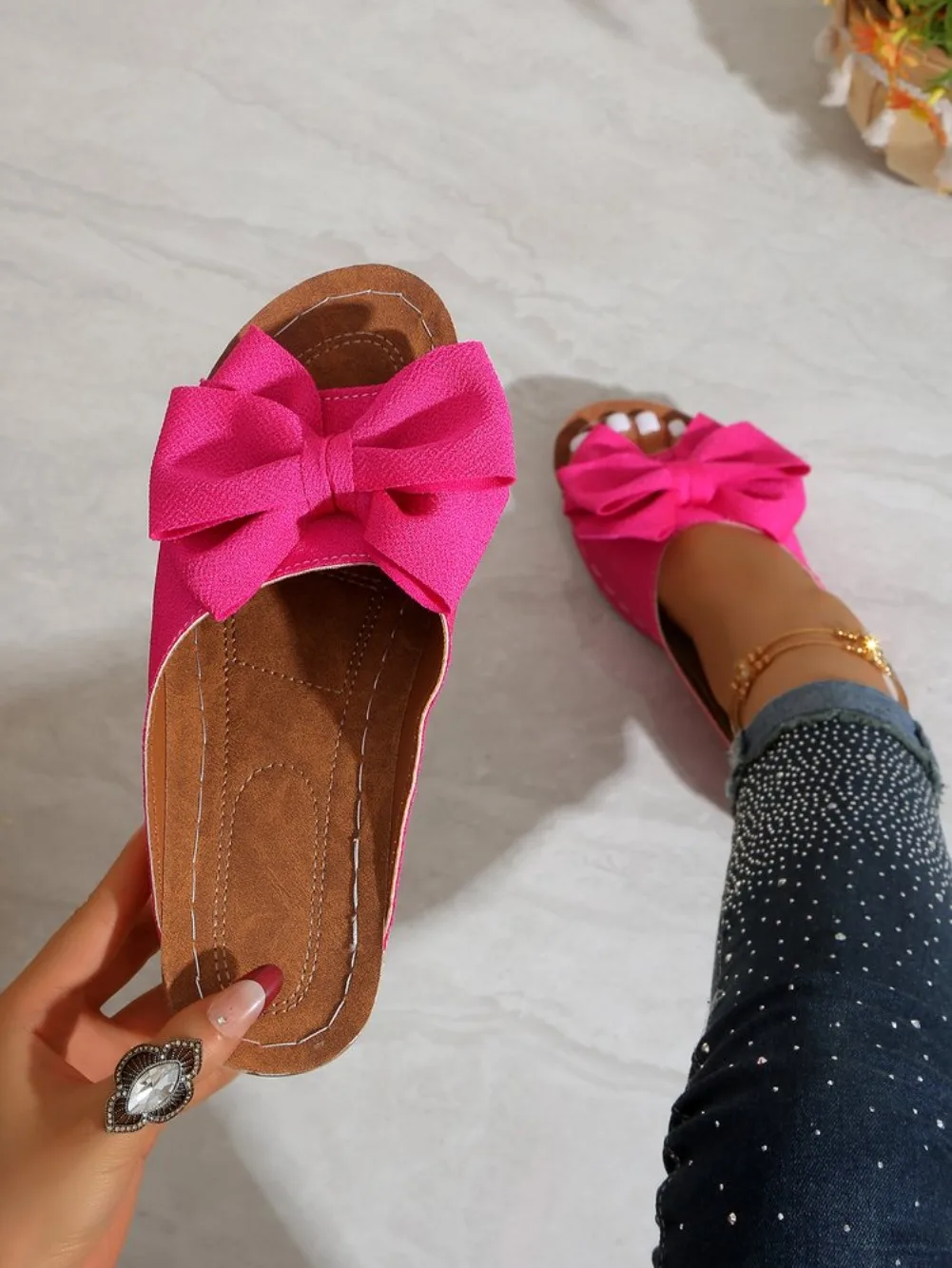 New Large Size Butterfly Knot Thick Heel Sandals Women Outdoor Wear Slope Heel Open Toe Fish Mouth Lightweight Beach Slippers detail