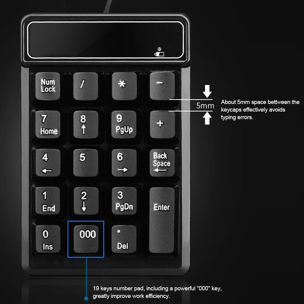 USB Wired Numeric Keypad Mechanical Feel Number Pad Keyboard 19 Keys Water-proof for Laptop Desktop PC Notebook Black detail