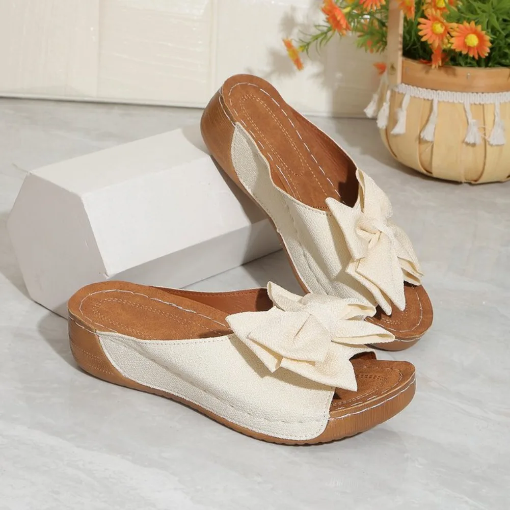 New Large Size Butterfly Knot Thick Heel Sandals Women Outdoor Wear Slope Heel Open Toe Fish Mouth Lightweight Beach Slippers detail