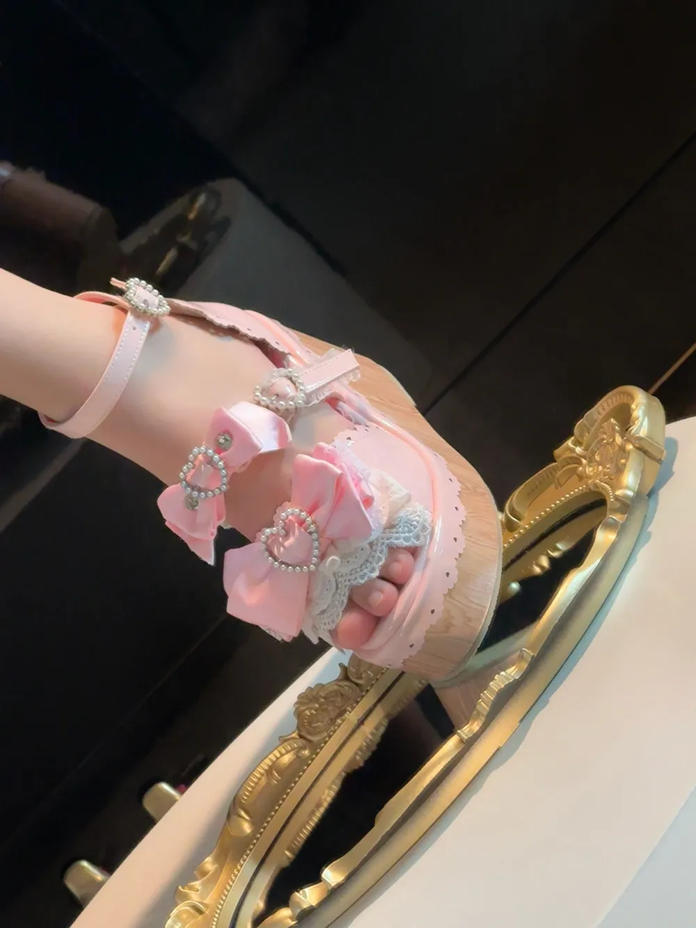 Y2K Millennium Lolita Original Design Slope Heel Open-toed Sandals Japanese Girl Ancient Feeling Sweet Bow Lo Shoes detail