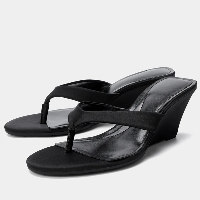 Fashion Summer Black Women's Slippers Round Toe Sloping Heels 6cm Ladies Pumps Flip Flops Slip-on Leisure Beach Shoes Size 35-40 detail