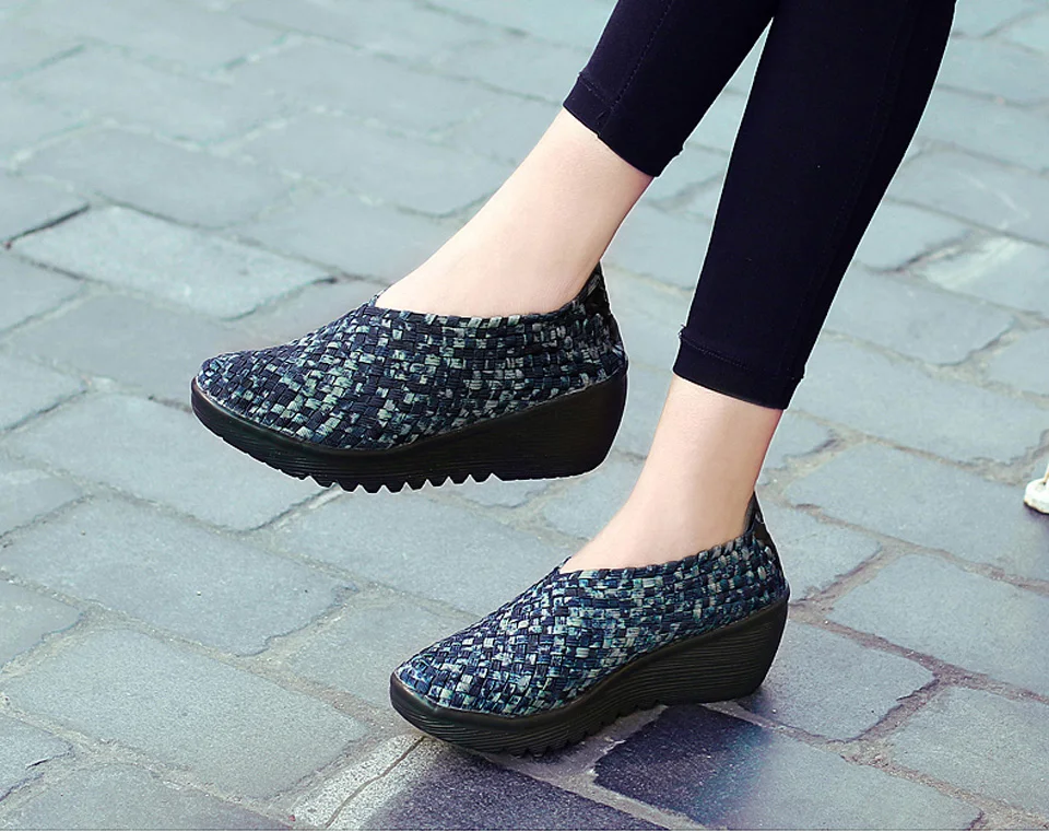 EOFK Autumn Women Woven Shoes Loafers Platform Handmade Elastic Slip on Nylon Woven Casual Wedges Shoes Lady detail