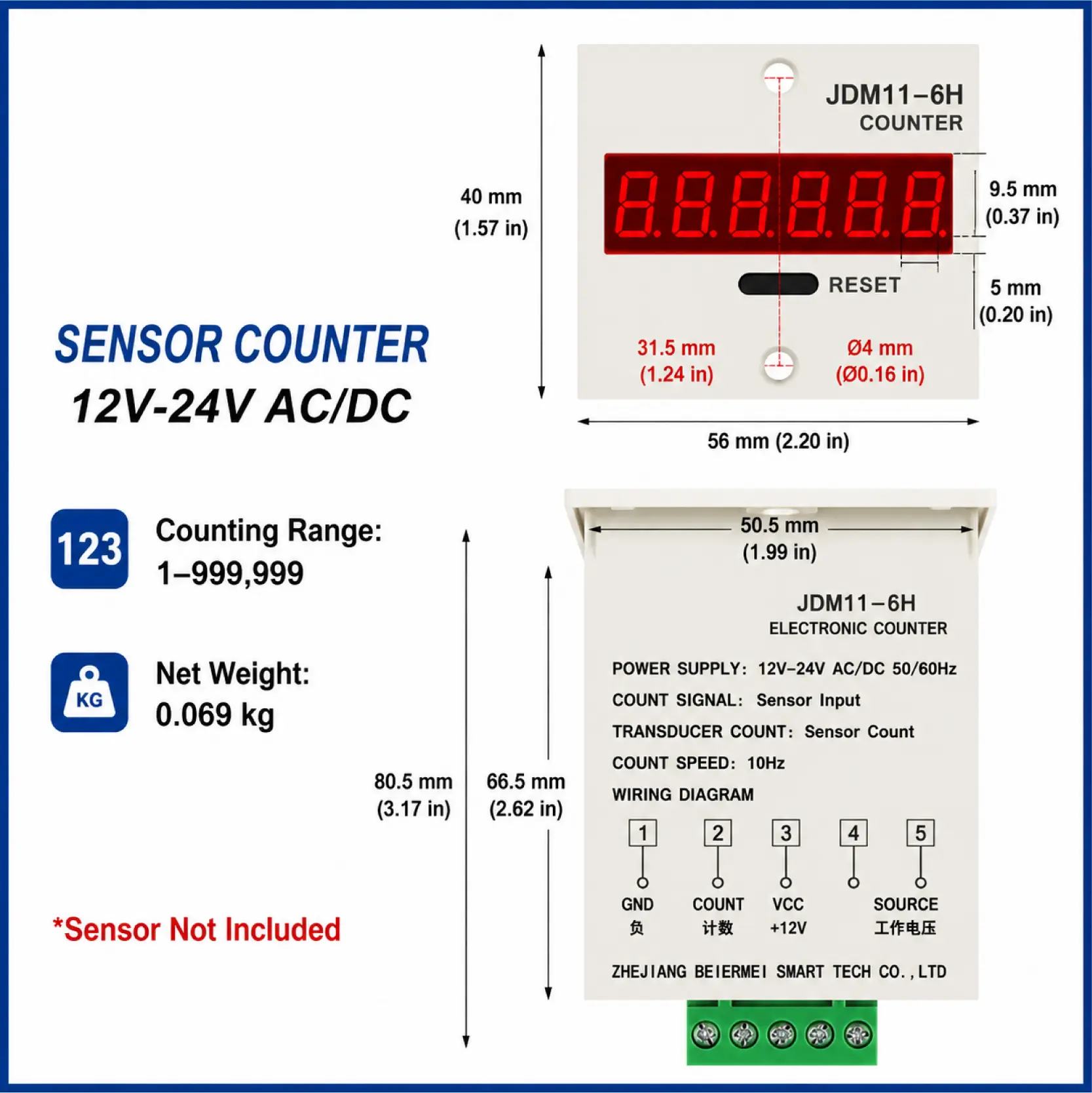 JDM11-6H 6 Digit Digital Counter Electronic Counter Totalizing Counter Resettable Power Failure Memory 12-24V 36V 110V 220V 380V product view