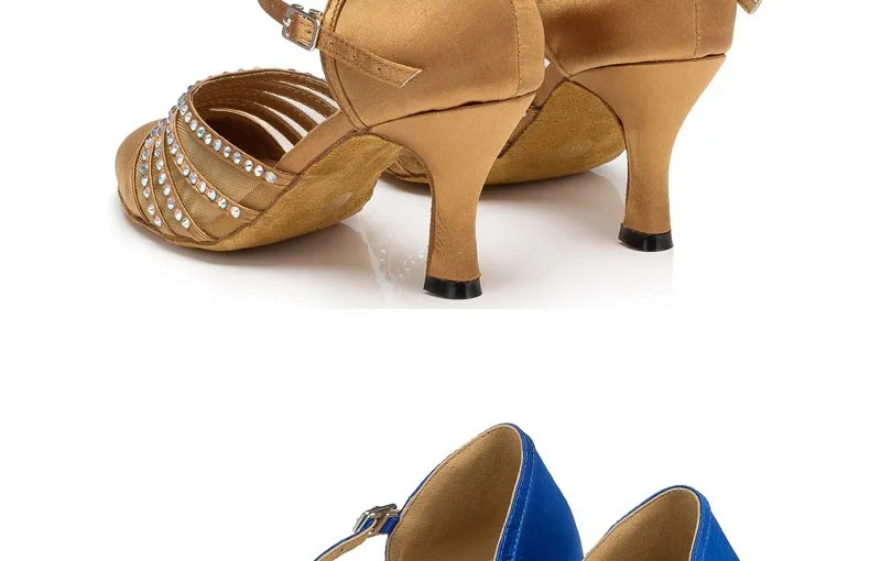 DILEECHI New arrival Tan Satin Latin Modern dance shoes female Autumn and Winter Ballroom dancing shoes thin heels 7.5cm detail