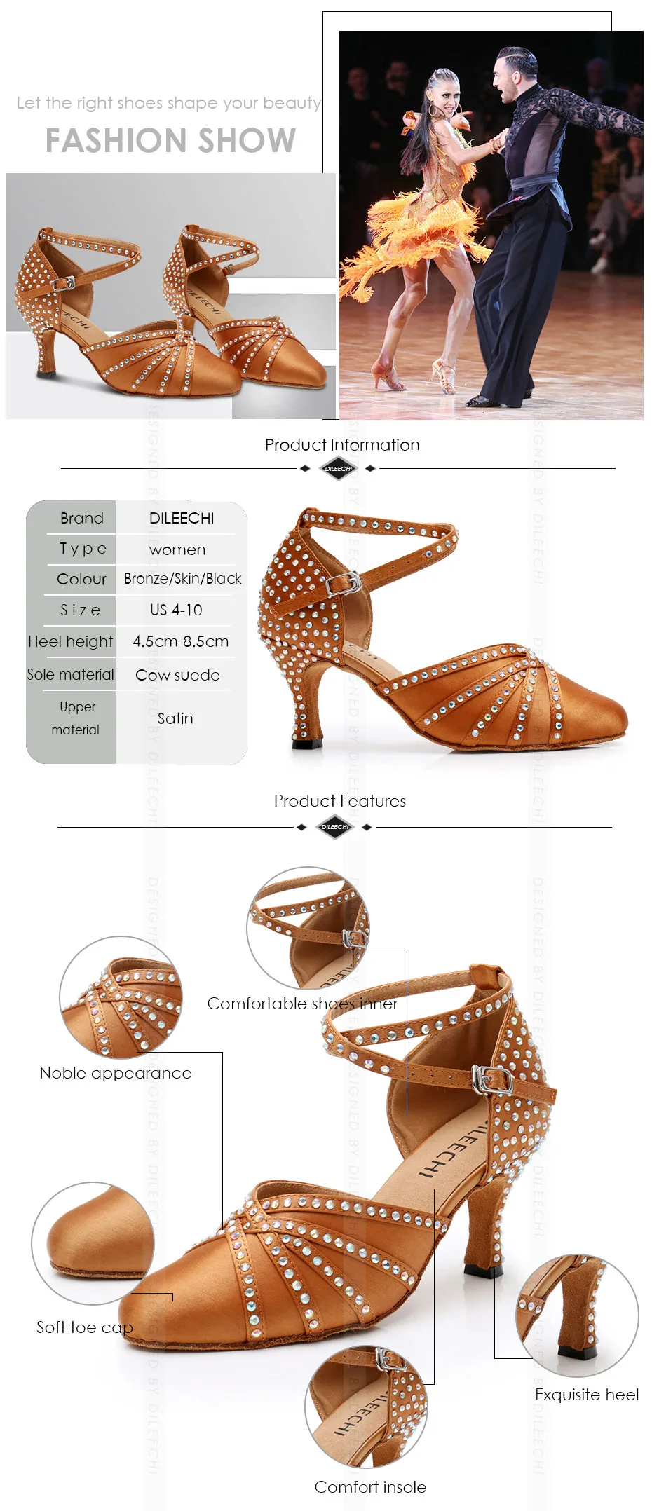 DILEECHI Tan Satin rhinestones Latin Modern dance shoes women Autumn and Winter Ballroom dancing shoes 7.5cm closed toe shoes detail