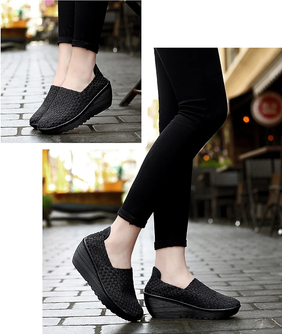EOFK Autumn Women Woven Shoes Loafers Platform Handmade Elastic Slip on Nylon Woven Casual Wedges Shoes Lady detail