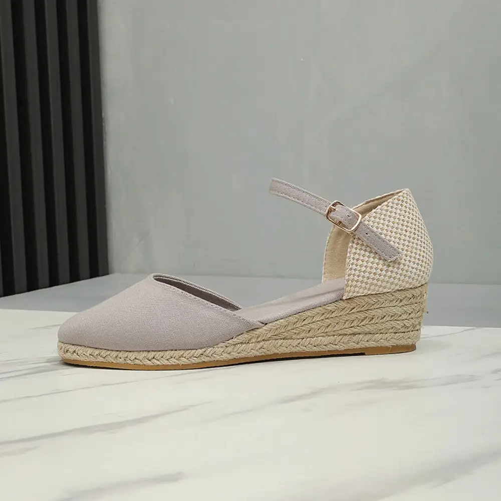 Baotou Sandals for Women's 2026 Summer Grass Woven Hemp Rope Slope Heel Shoes Women Round Toe Thick Sole Buckle Womens Sandals product view
