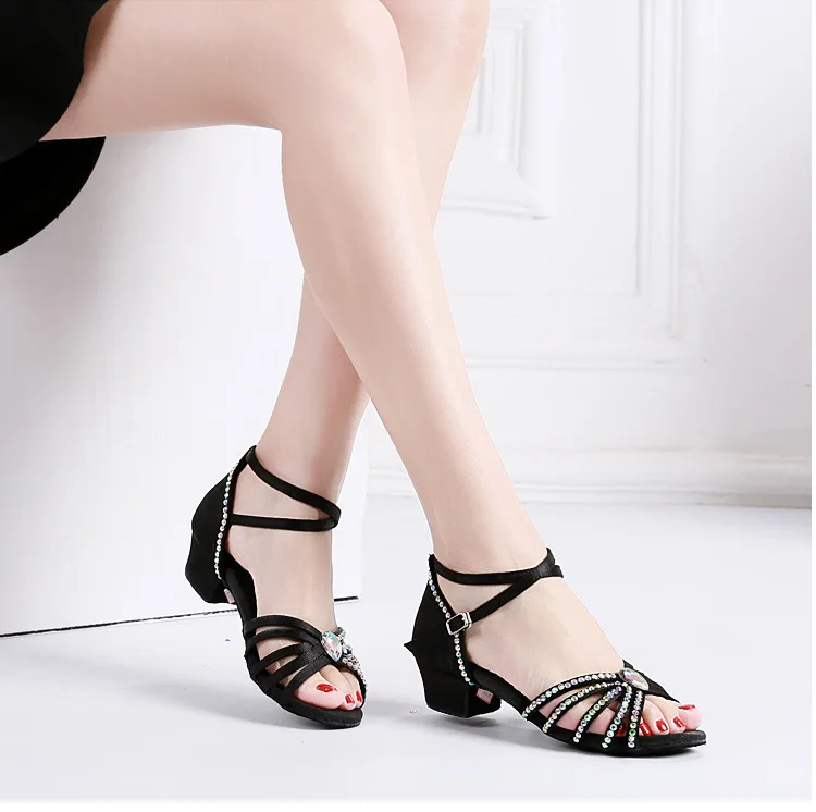 Summer Child Hot Latin Dance Shoes Women for Satin Salsa Dance Shoes Girls for Shine Rhinestone Ballroom Dance Shoes detail