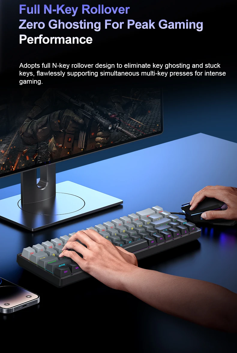 APAYADO A68 Wired Mechanical Keyboard Compact Layout Hot Swappable Blue/Red Switches RGB Backlight Full Key Rollover Type-C detail