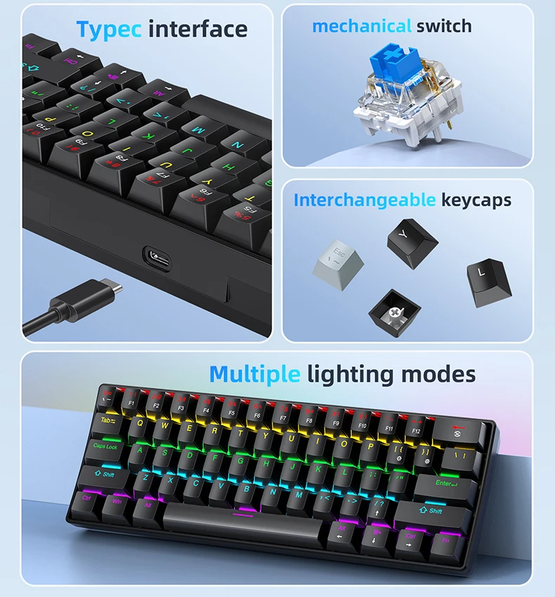 APAYADO K61 61 Keys Wired Mechanical Keyboard, 60% layout Mini RGB Gaming Keyboard, Red/Blue Switch, Compact for PC Laptop detail