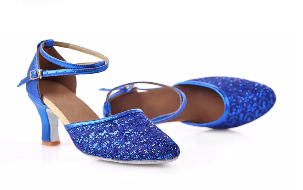 Adult Ladies Women Latin/Salsa/Tango Dance Shoes Closed Toe Glitter Blue/Black Ballroom Dance Shoes High Heels 5/7cm Party Shoes detail