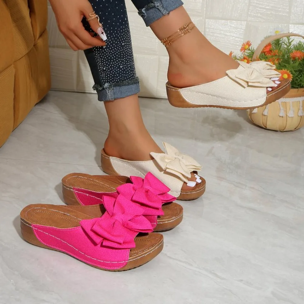 New Large Size Butterfly Knot Thick Heel Sandals Women Outdoor Wear Slope Heel Open Toe Fish Mouth Lightweight Beach Slippers detail
