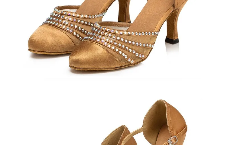 DILEECHI New arrival Tan Satin Latin Modern dance shoes female Autumn and Winter Ballroom dancing shoes thin heels 7.5cm detail