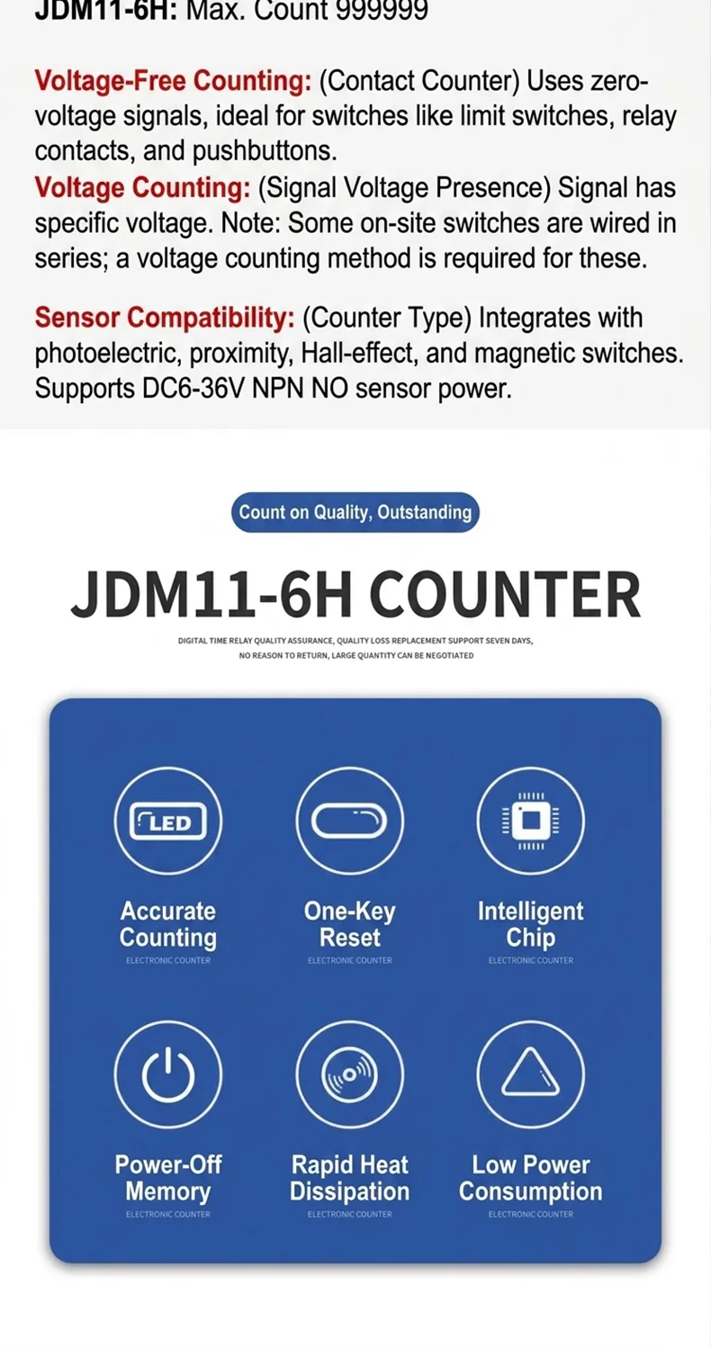 JDM11-6H 6 Digit Digital Counter Electronic Counter Totalizing Counter Resettable Power Failure Memory 12-24V 36V 110V 220V 380V detail