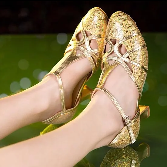 New Latin Dance Shoes Woman High Heel Silver Gold Cheap Ballroom Dancing Shoes Girls Gliter Closed Toe Salsa Shoes 5cm 7cm Heel detail