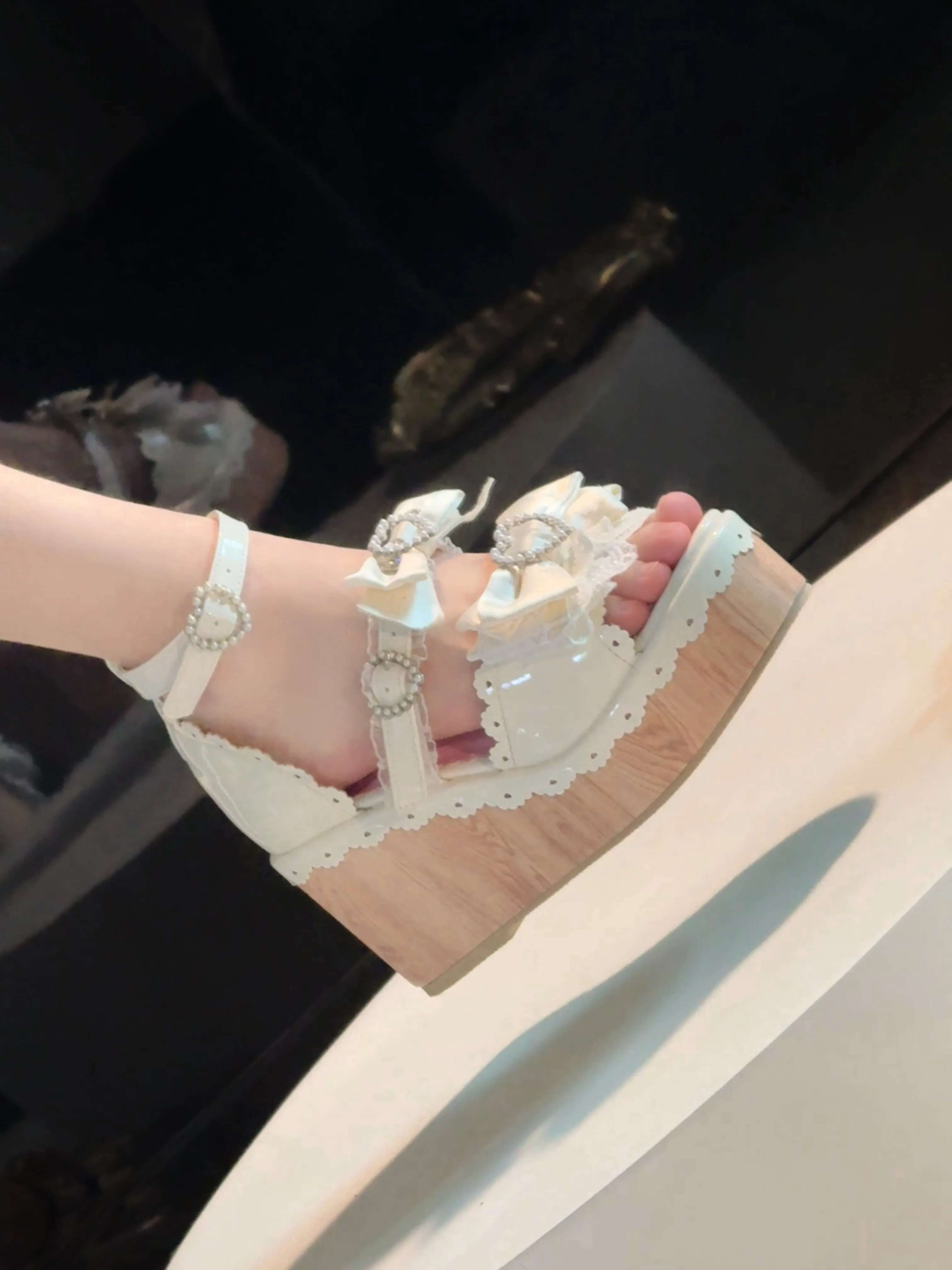 Y2K Millennium Lolita Original Design Slope Heel Open-toed Sandals Japanese Girl Ancient Feeling Sweet Bow Lo Shoes detail
