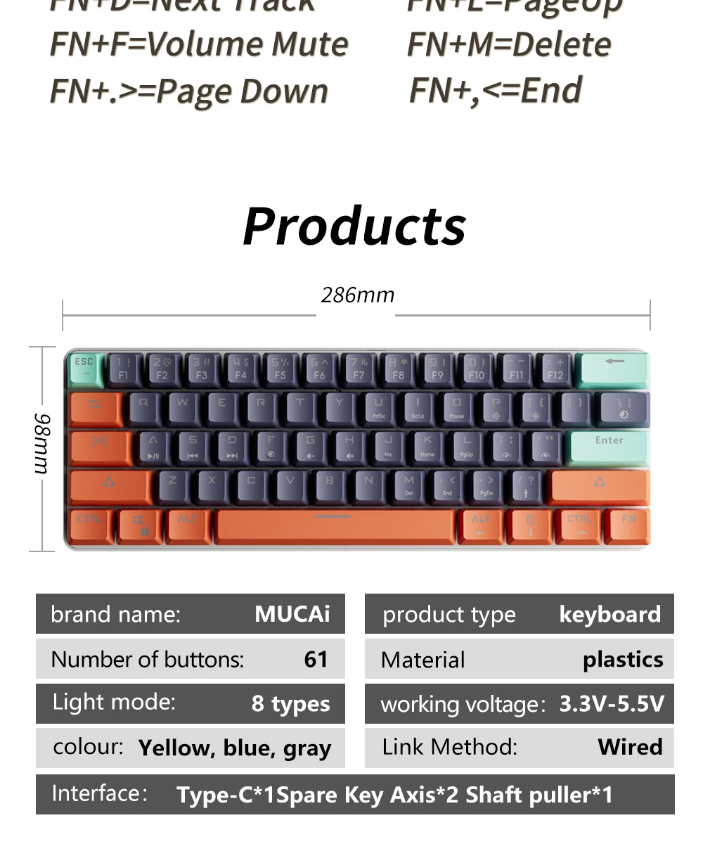 MUCAI 61 key USB hot swappable esports mechanical keyboard game red axis LED cool light effect compact and practical detail