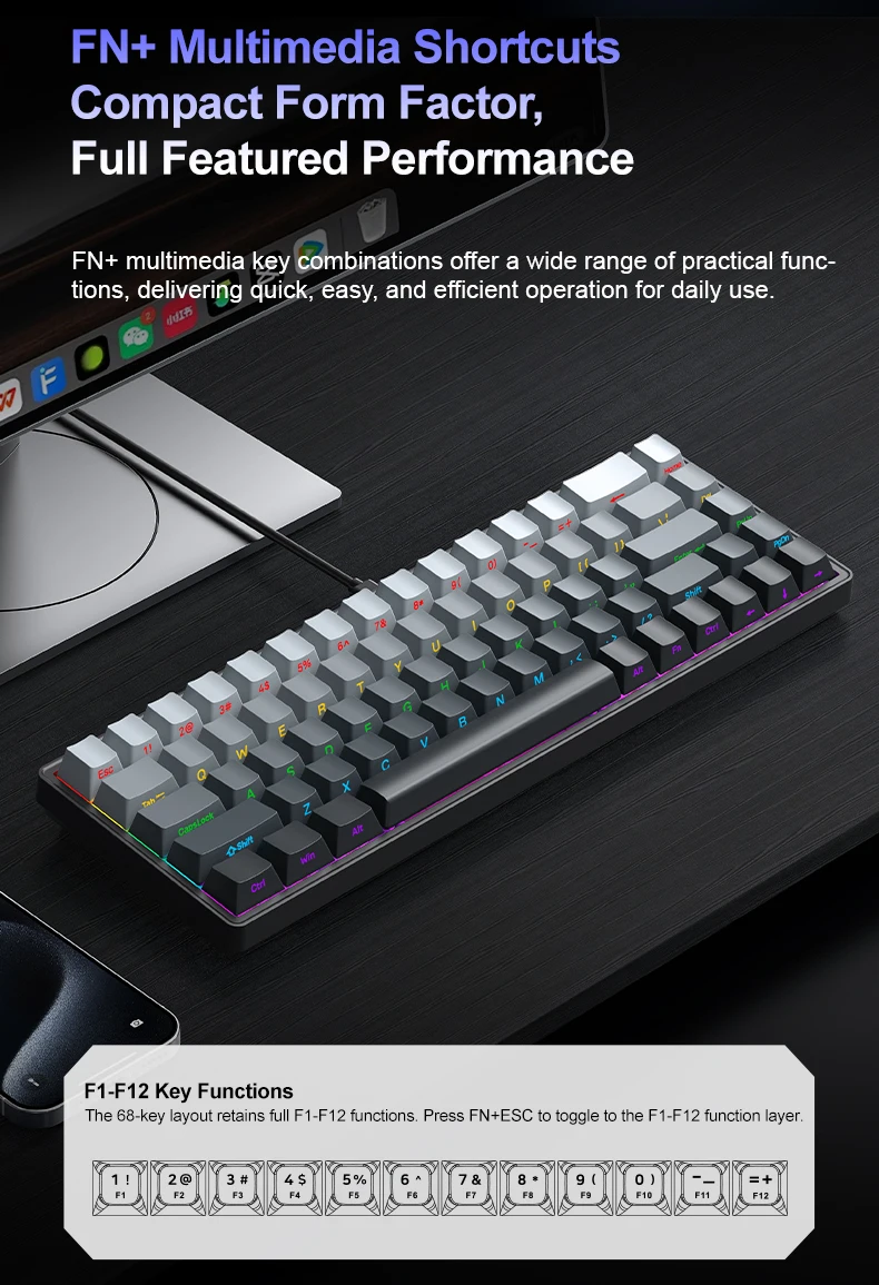 APAYADO A68 Wired Mechanical Keyboard Compact Layout Hot Swappable Blue/Red Switches RGB Backlight Full Key Rollover Type-C detail