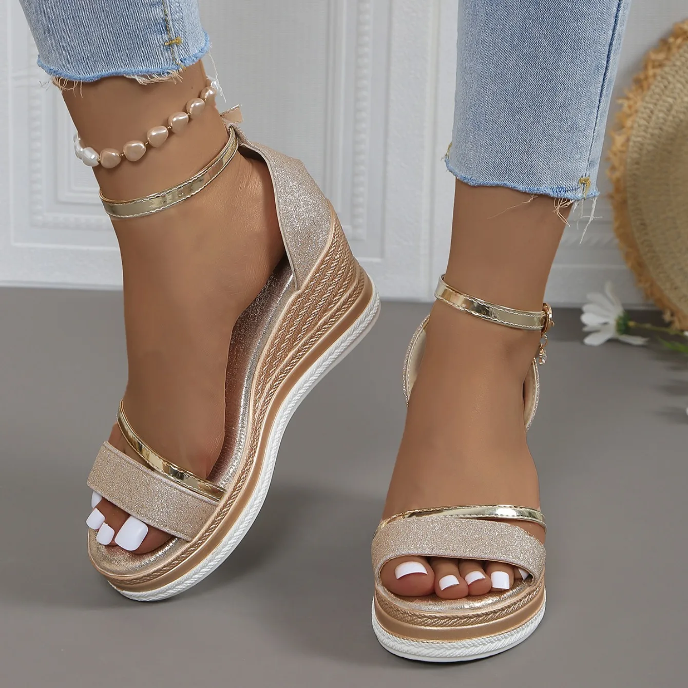 2024 New Summer Women Wedges Sandals Fashion Solid Color Shoes for Women High Heels Platform Designer Sandals Zapatos De Mujer detail
