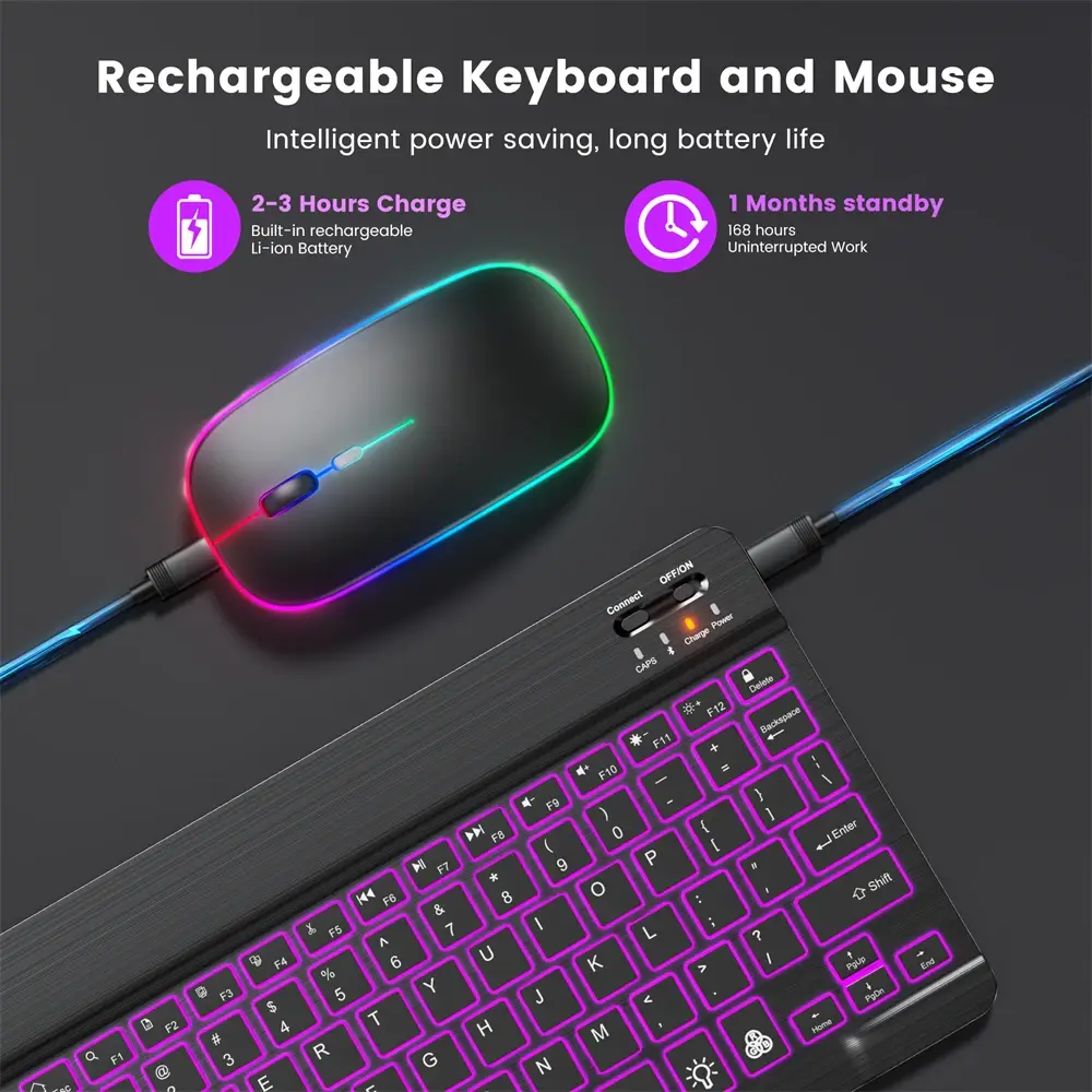 READ YYEAH RGB Backlit Bluetooth Keyboard Mouse Combo Multi-language Rechargeable Wireless Keyboard for Tablet Laptop PC Gaming product view