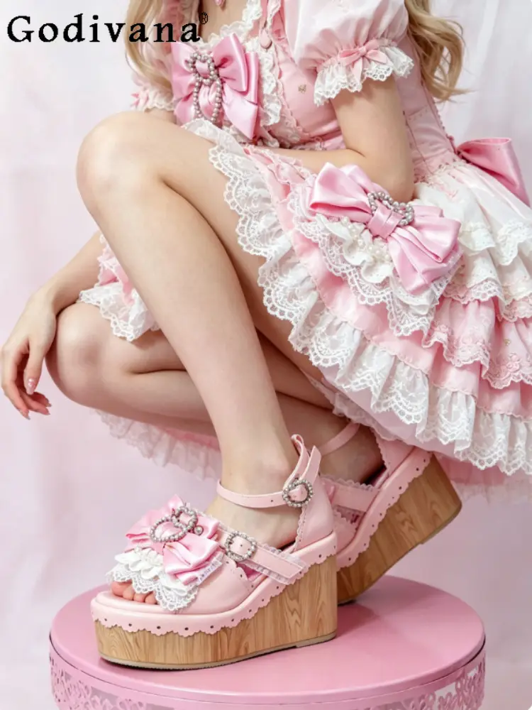 Y2K Millennium Lolita Original Design Slope Heel Open-toed Sandals Japanese Girl Ancient Feeling Sweet Bow Lo Shoes