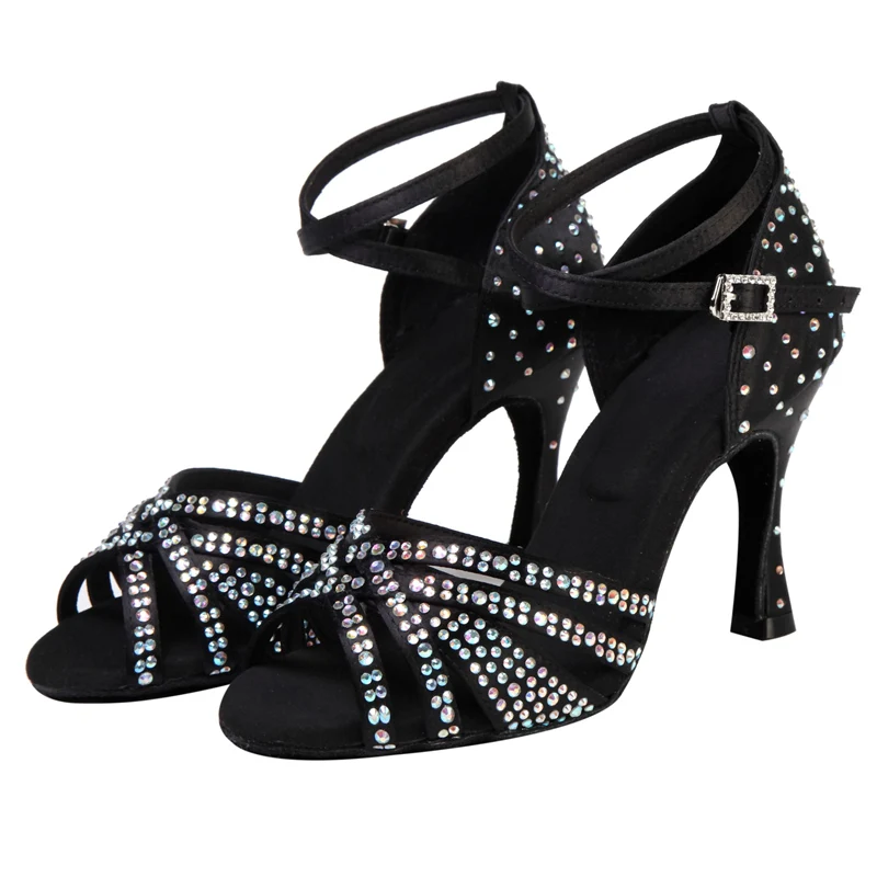 Latin Dance Shoes Adult Women's High Heel Dance Shoes Satin Salty High Heel Shoes with Diamond Embedding Dance Shoes 7.5cm detail