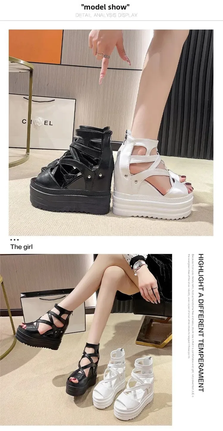 Women's High Heel Sandals 13CM Slope Heel Thick Bottom Cross Band Fish Mouth Shoes New Style Increased Height Summer Shoes detail