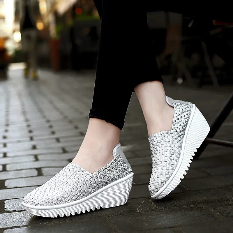 EOFK Autumn Women Woven Shoes Loafers Platform Handmade Elastic Slip on Nylon Woven Casual Wedges Shoes Lady product view