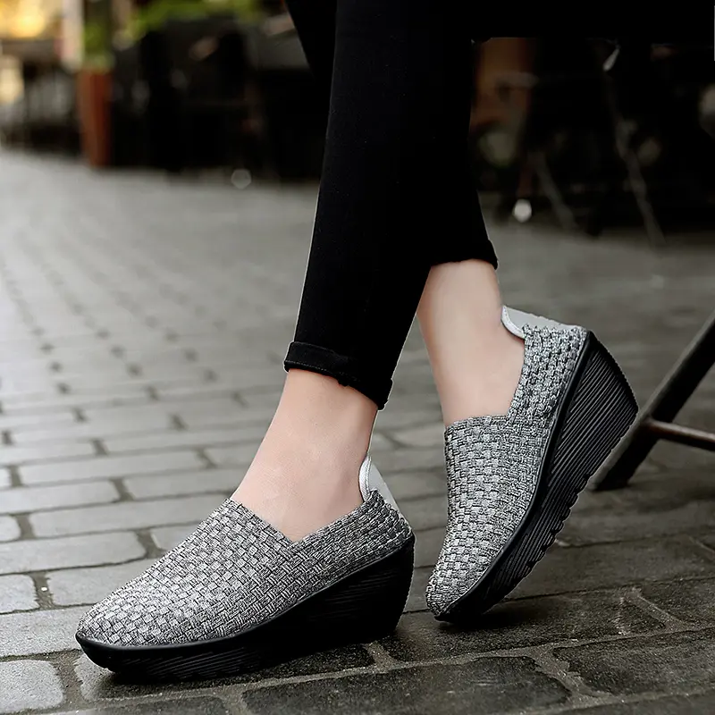 EOFK Autumn Women Woven Shoes Loafers Platform Handmade Elastic Slip on Nylon Woven Casual Wedges Shoes Lady product view