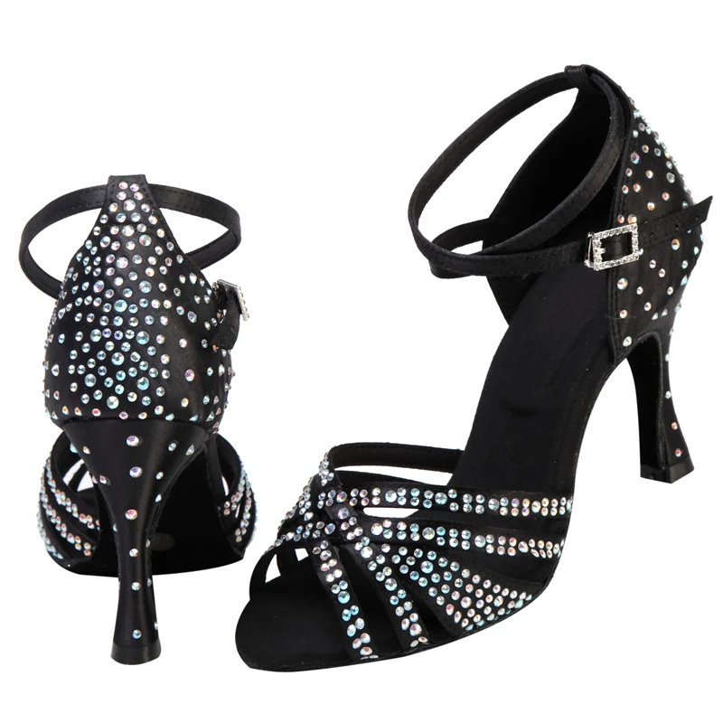 Latin Dance Shoes Adult Women's High Heel Dance Shoes Satin Salty High Heel Shoes with Diamond Embedding Dance Shoes 7.5cm detail