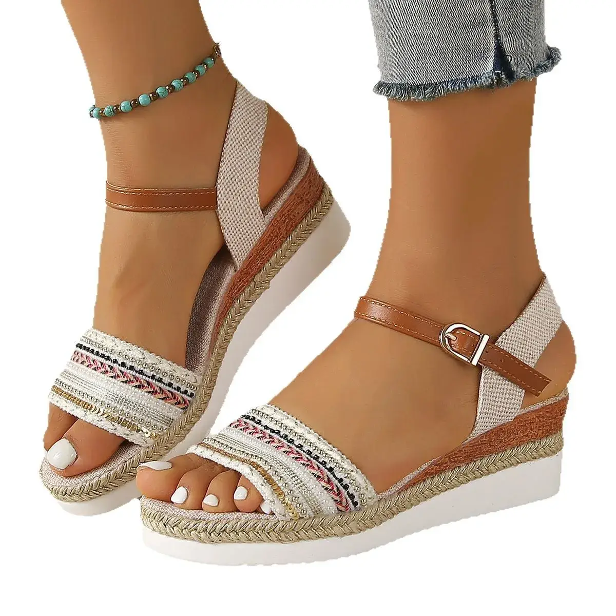 Summer New Large Size Slope Heel Thick Bottom Women Sandals Woven Strap Direct Sale from Factory Polyurethane Shoe Sole product view