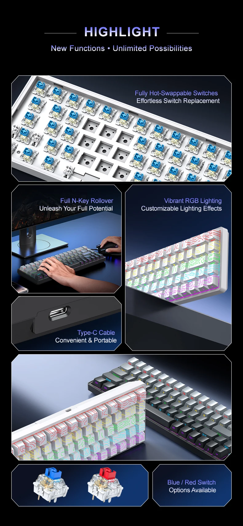 APAYADO A68 Wired Mechanical Keyboard Compact Layout Hot Swappable Blue/Red Switches RGB Backlight Full Key Rollover Type-C detail