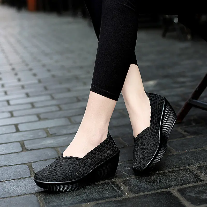 EOFK Autumn Women Woven Shoes Loafers Platform Handmade Elastic Slip on Nylon Woven Casual Wedges Shoes Lady product view