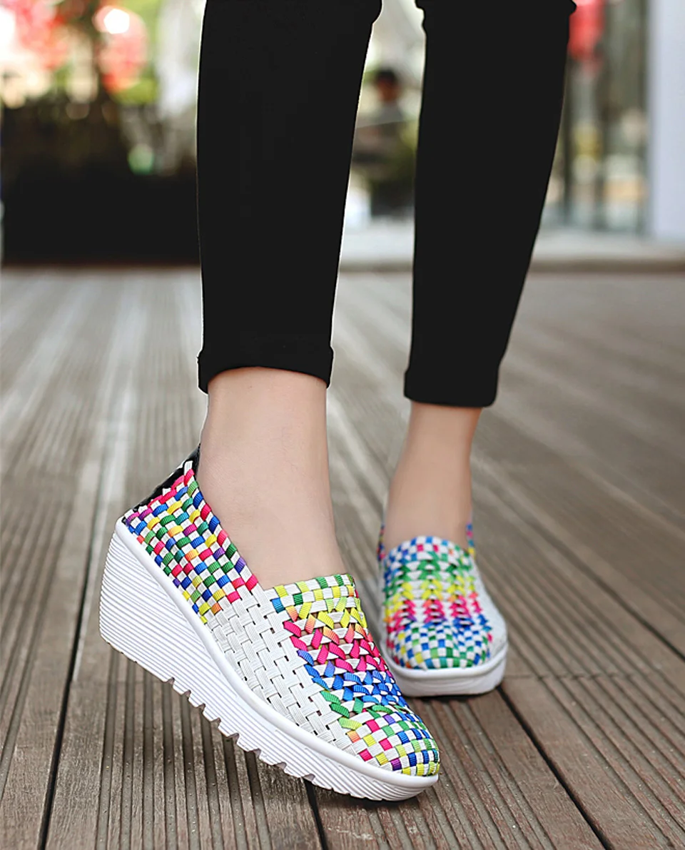 EOFK Autumn Women Woven Shoes Loafers Platform Handmade Elastic Slip on Nylon Woven Casual Wedges Shoes Lady detail