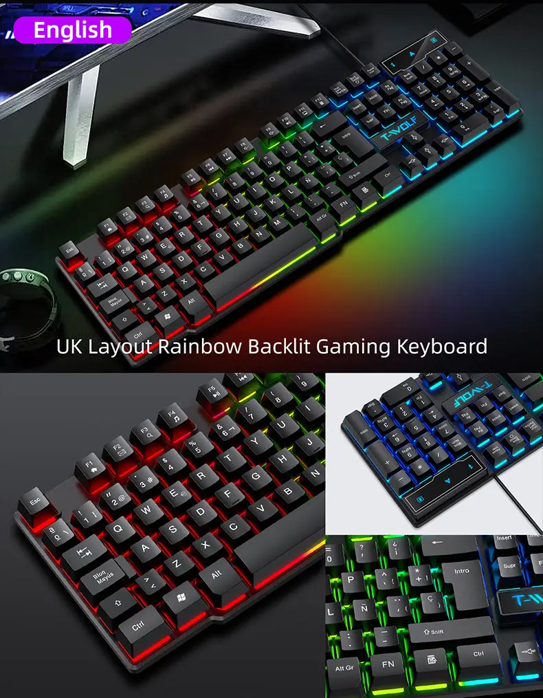 Mechanical Feel Gaming Keyboard Light Backlit RGB Wired Keyboard USB Office Home Media Keys Russian Spanish Arabic English product view