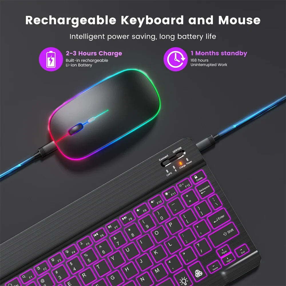 READ YYEAH RGB Backlit Bluetooth Keyboard Mouse Combo Multi-language Rechargeable Wireless Keyboard for Tablet Laptop PC Gaming detail