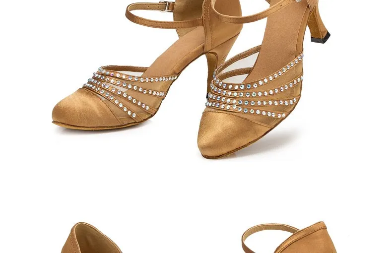 DILEECHI New arrival Tan Satin Latin Modern dance shoes female Autumn and Winter Ballroom dancing shoes thin heels 7.5cm detail