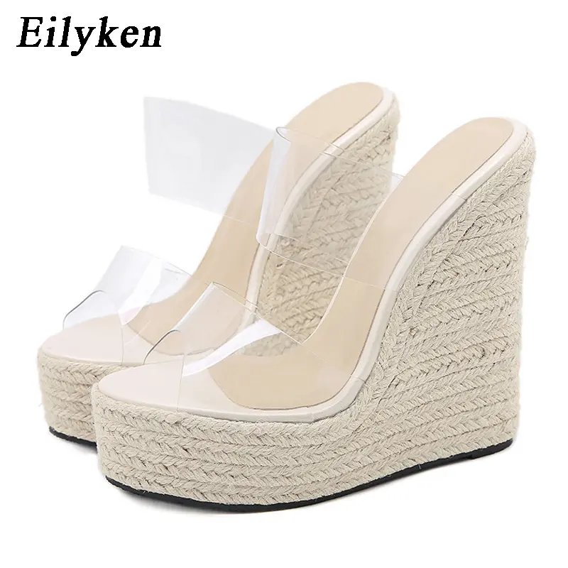Eilyken Summer PVC Transparent Peep Toe Cane Straw Weave Slippers Platform Wedges Sandals Women Fashion High Heels Female Shoes product view