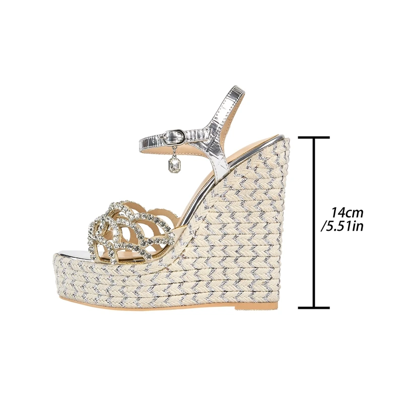 Women's New Summer Round Toe Thick Sole With Diamond Inlaid High Heels, Large Open Toe Hemp Rope Woven Slope Heel Sandals detail
